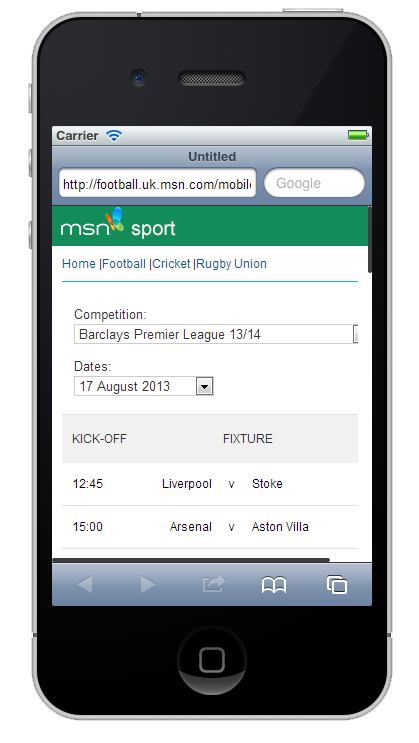JavaScript widget on MSN sport mobile