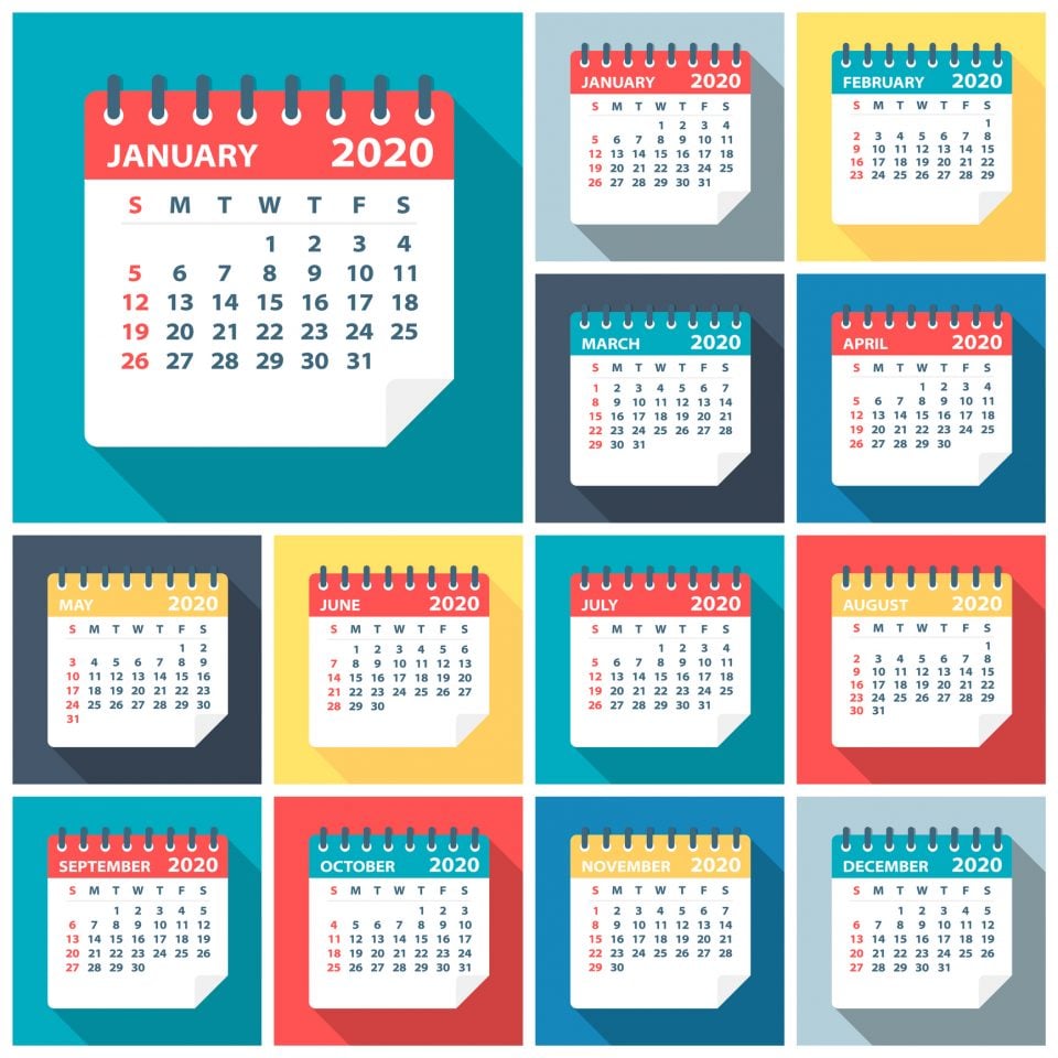 Monthly calendars of 2020